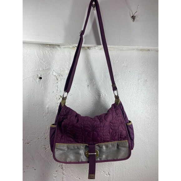 FOSSIL KEY-PER NYLON QUILTED MESSENGER BAG PURPLE SIDE POCKETS 16 X 10 - Picture 2 of 8